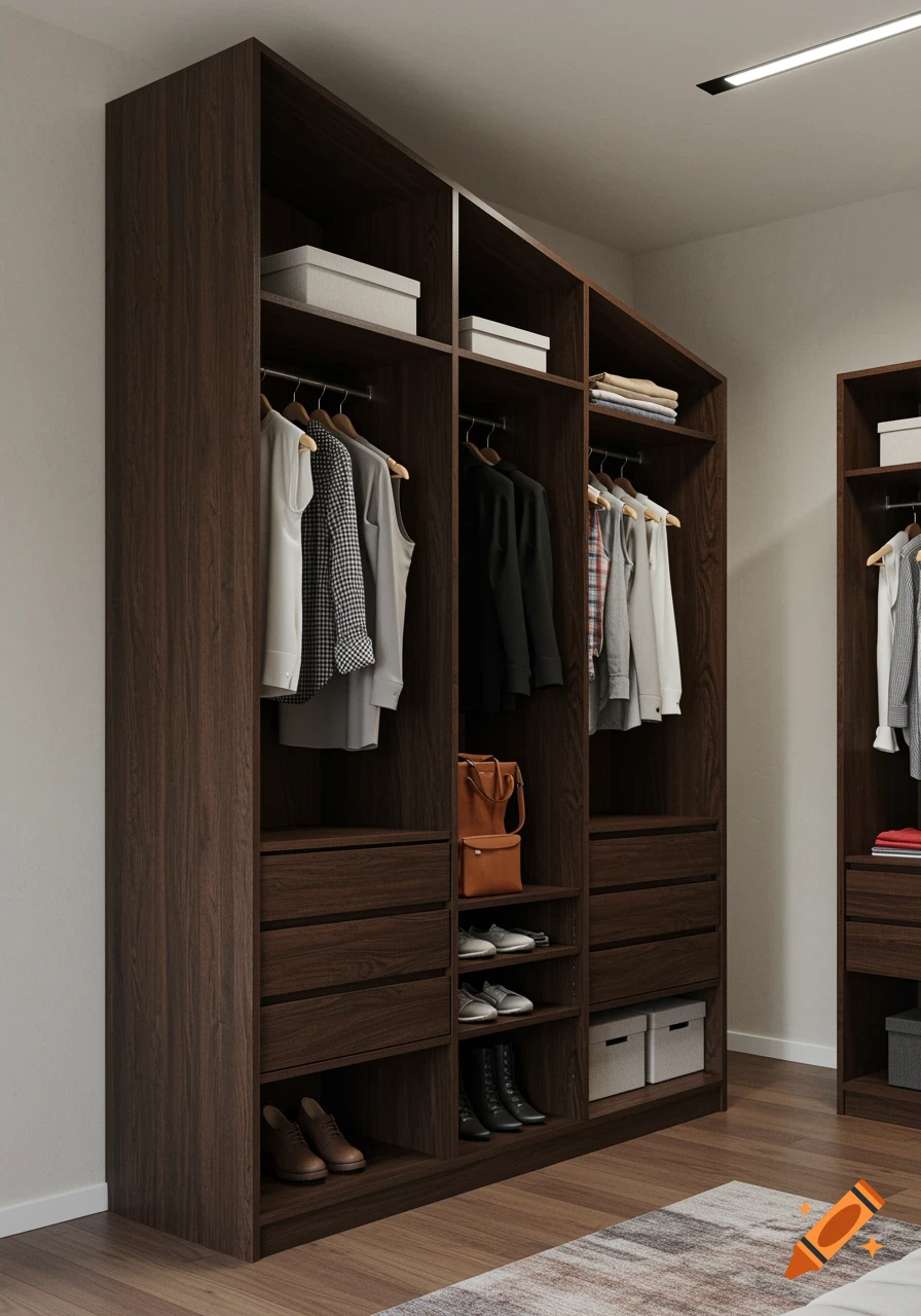 A modern dark wood wardrobe with various clothes on hangers, shelves with folded garments, shoes, and a brown leather bag.
