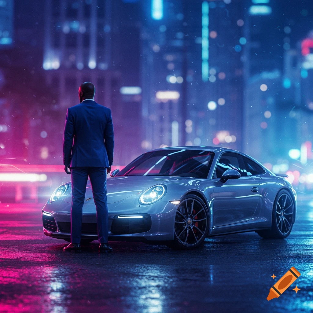 A man in a suit stands by a silver Porsche 911 on a wet city street at night, bathed in neon lights.