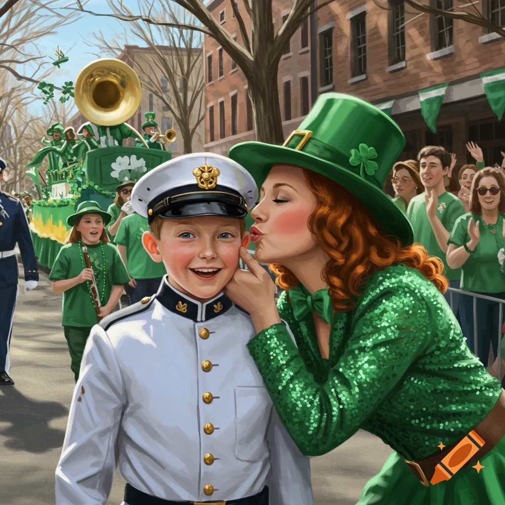 A woman in a green hat kisses a boy in a white cadet uniform on the cheek at a lively St. Patrick's Day parade.