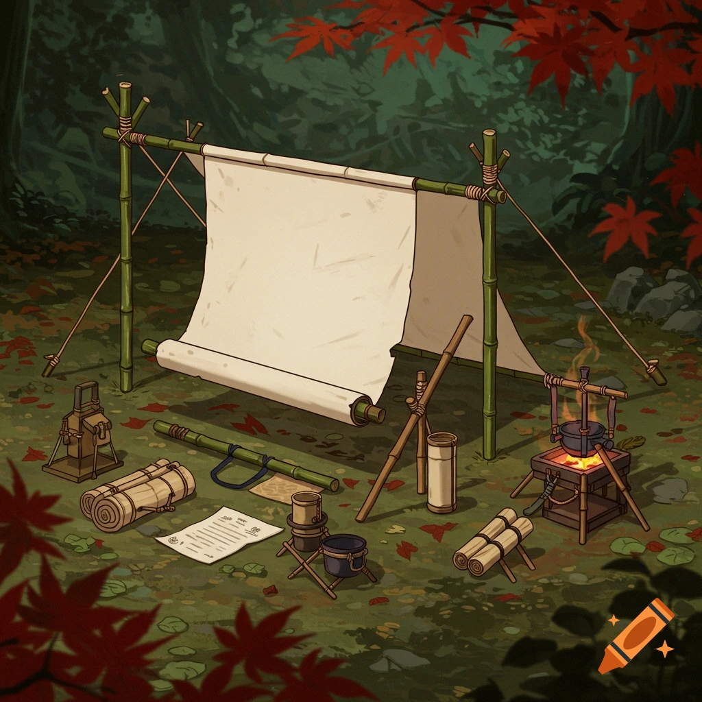 An isometric illustration of Japanese-themed camping supplies, including a bamboo tent, cooking gear, and rolled mats, set in a forest.