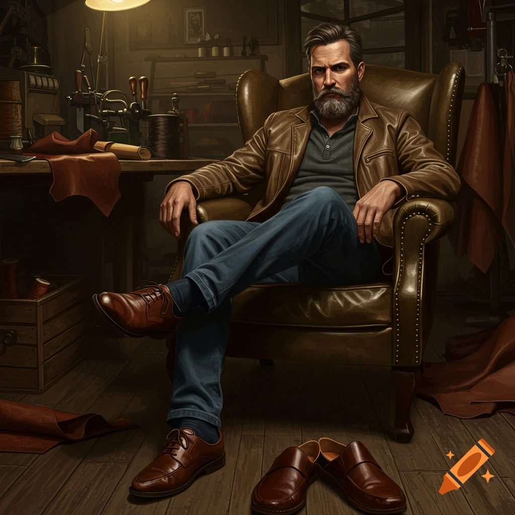A bearded man in a leather jacket sits in a brown leather armchair in a dimly lit workshop, with leather goods and tools around him. Brown shoes are on the wooden floor.