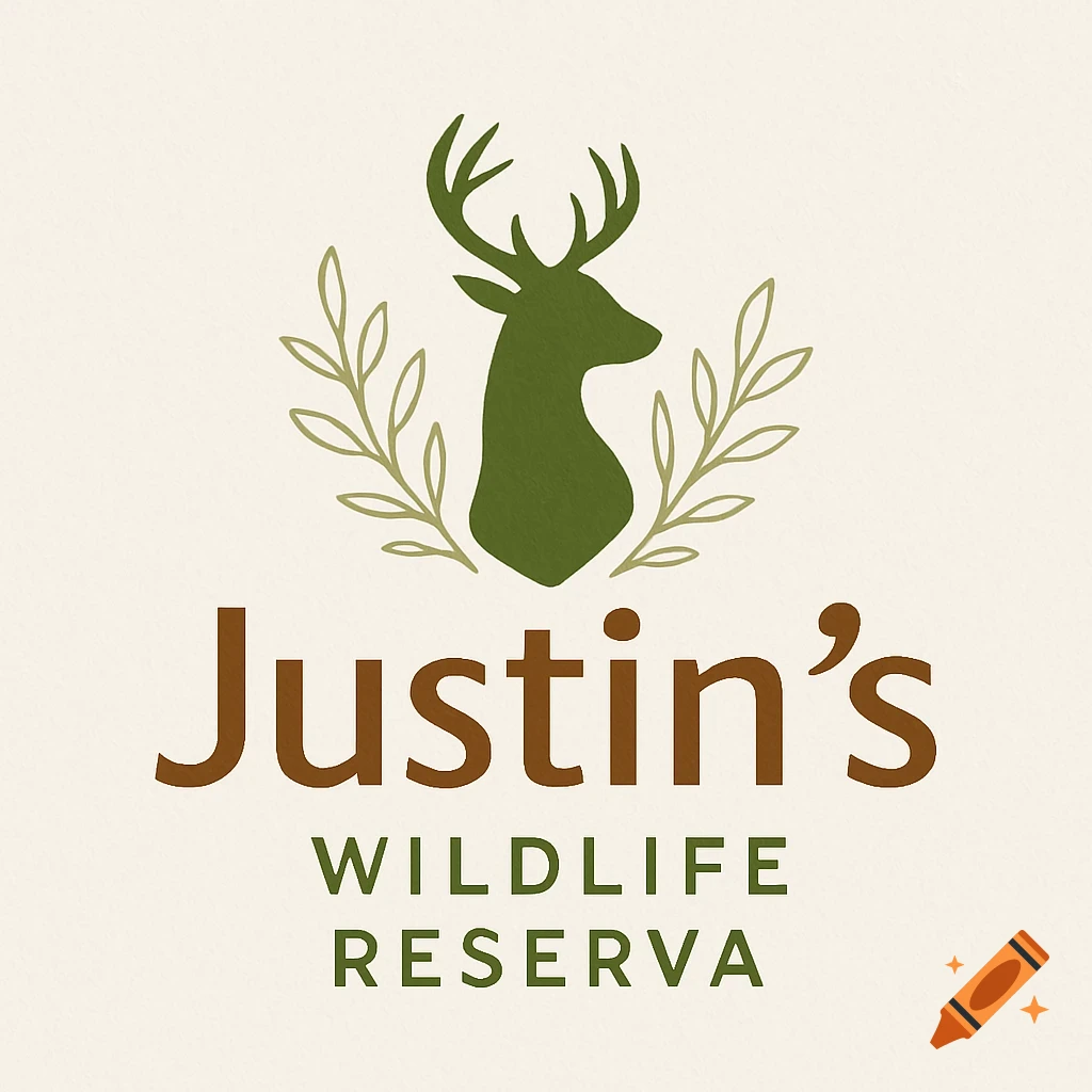 Logo for Justin's Wildlife Reserva featuring a deer head silhouette surrounded by leaves, with text in brown and green.
