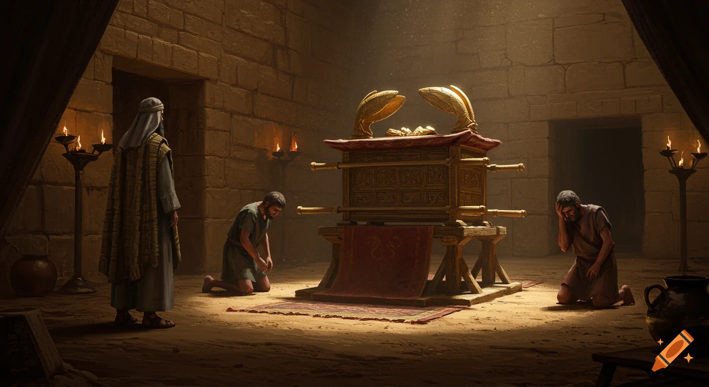 An ancient chamber with rough stone walls, lit by flickering oil lamps. The golden Ark of the Covenant sits on a platform, flanked by a priest and two kneeling, distraught figures. Dramatic lighting highlights the Ark.