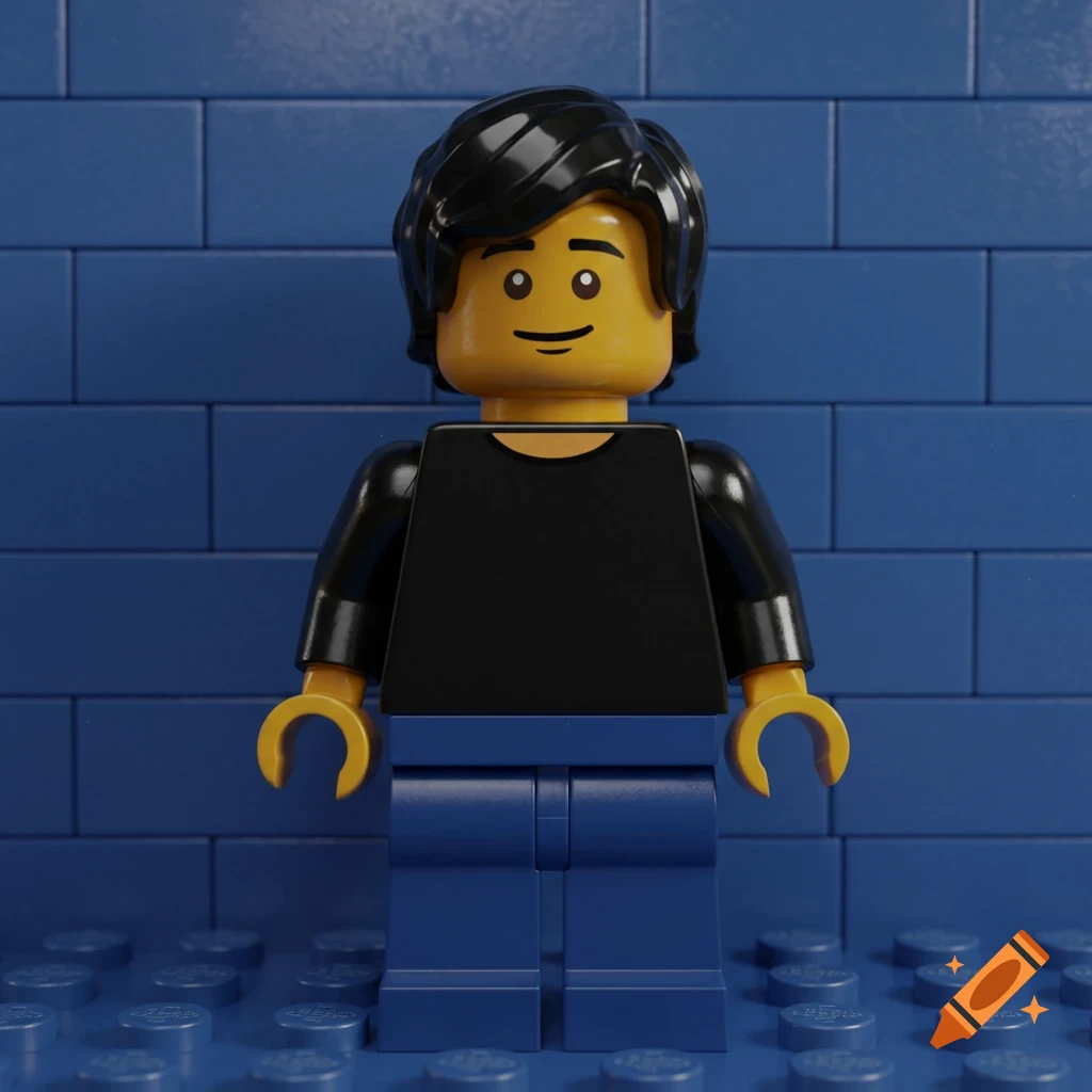 A LEGO-style portrait of a person with black hair, wearing a black T-shirt and blue jeans, against a blue brick wall.