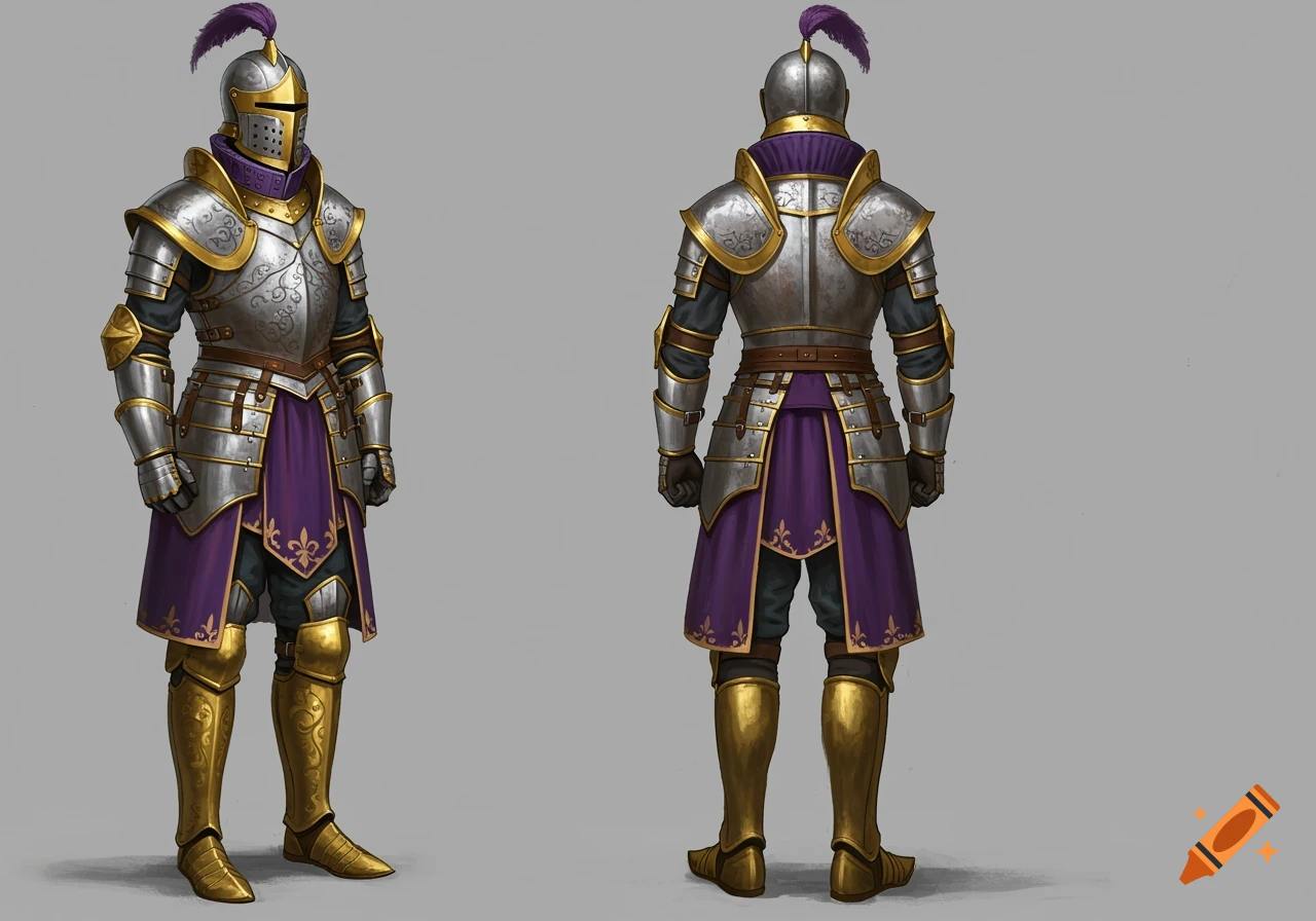 A knight in ornate silver and gold armor with purple trim and a feathered helmet, shown front and back.