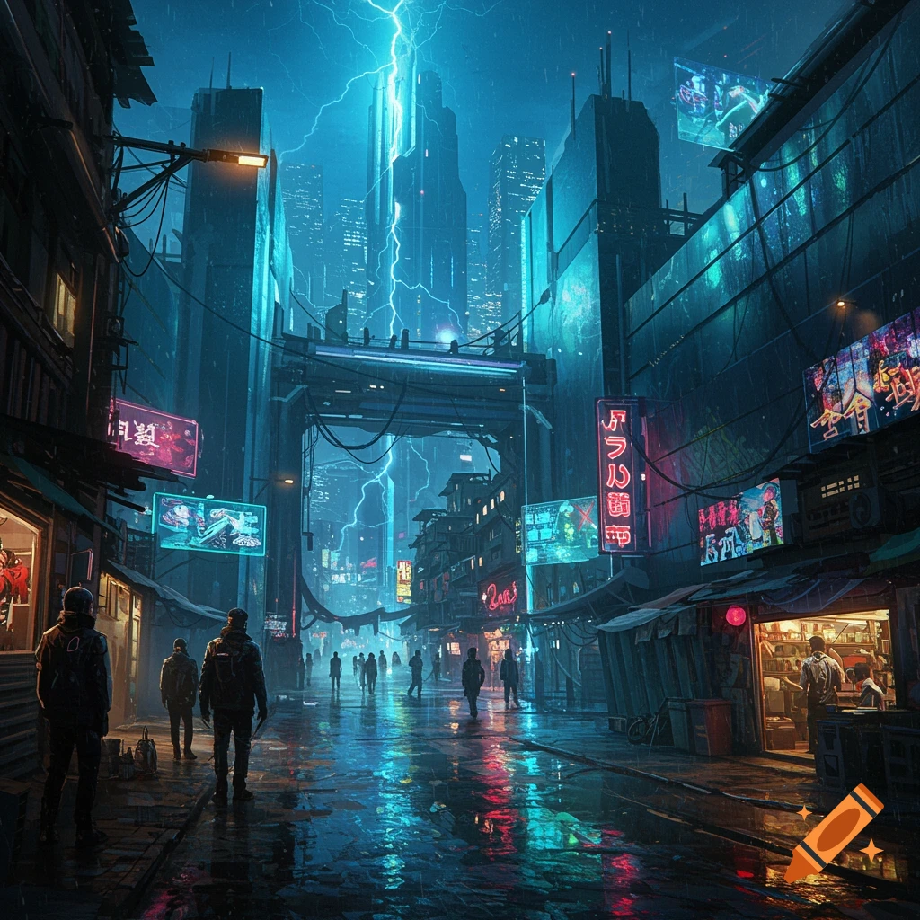 A futuristic cyberpunk cityscape at night with blue neon lights reflecting on a wet street. People walk through the rainy, bustling scene under a large gate as lightning strikes in the distance.