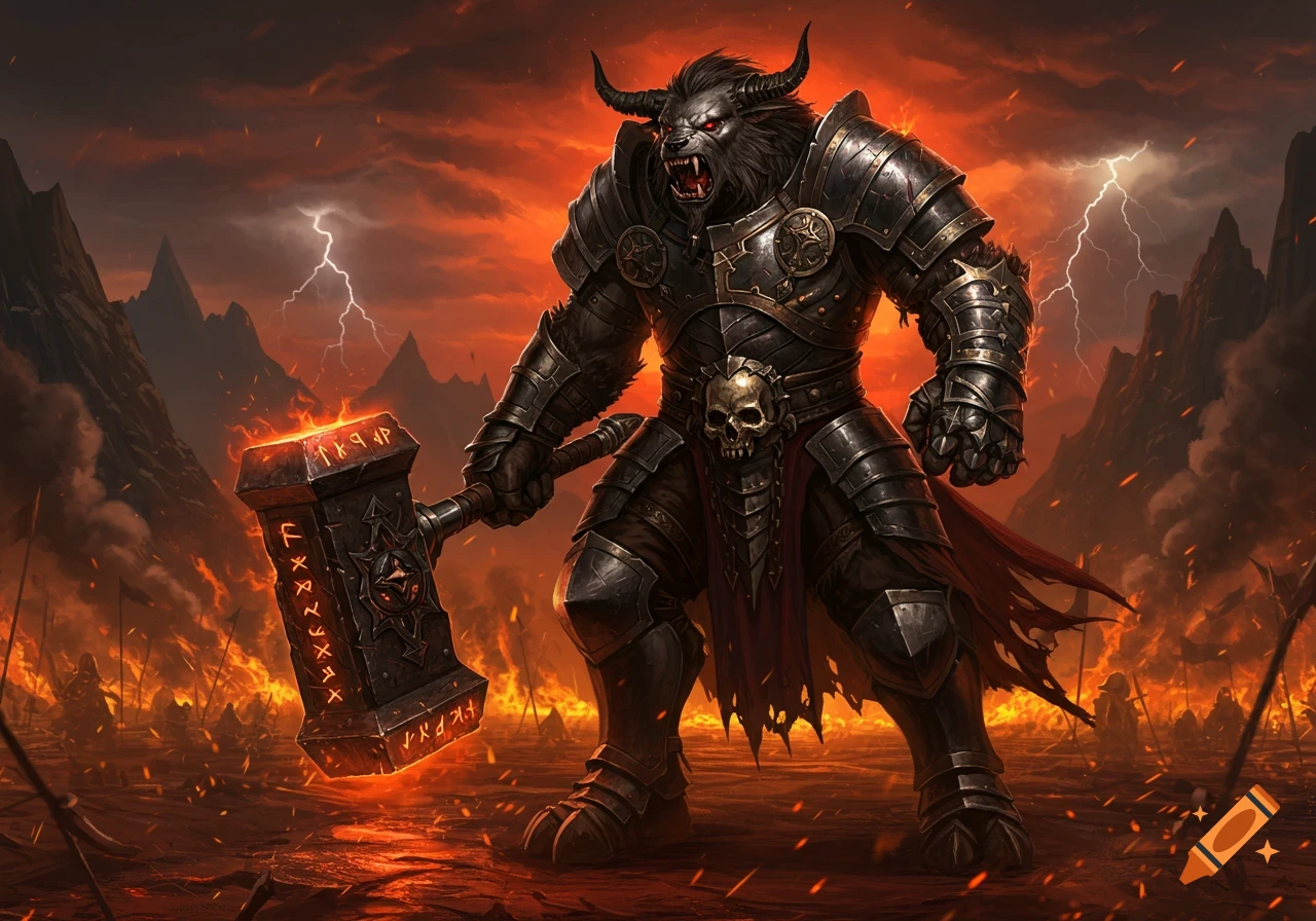 A hulking, beast-like warlord in dark armor with glowing red eyes and fangs holds a fiery warhammer on a burning battlefield under a stormy, lightning-filled sky.