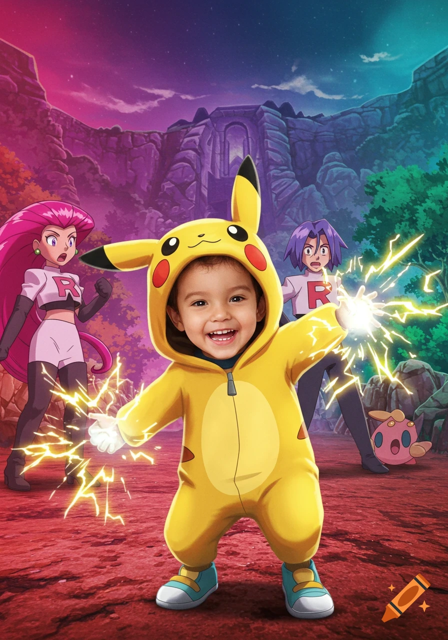 A smiling child in a Pikachu costume stands with electric sparks, while Team Rocket's Jessie and James look shocked in a colorful Pokmon cartoon world.