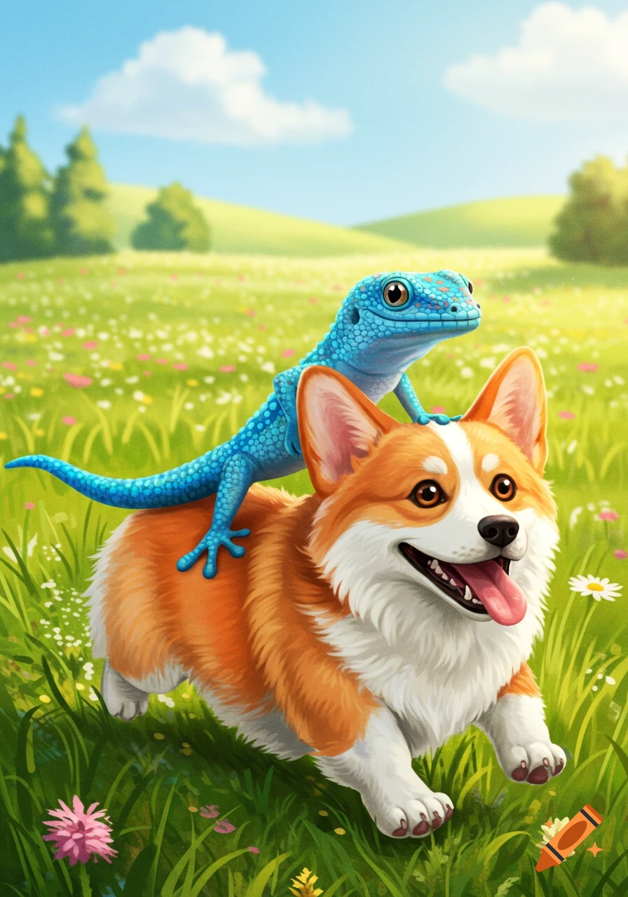 A blue gecko rides on an orange corgi dog through a sunny, flower-filled green field under a blue sky, in an illustrated style.