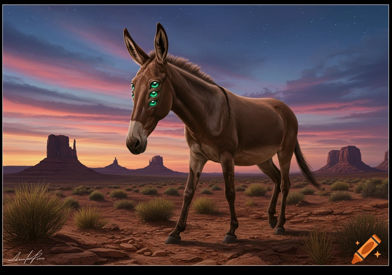A brown mule with six glowing green eyes stands in a desert landscape with Monument Valley-like rock formations under a colorful sunset sky.