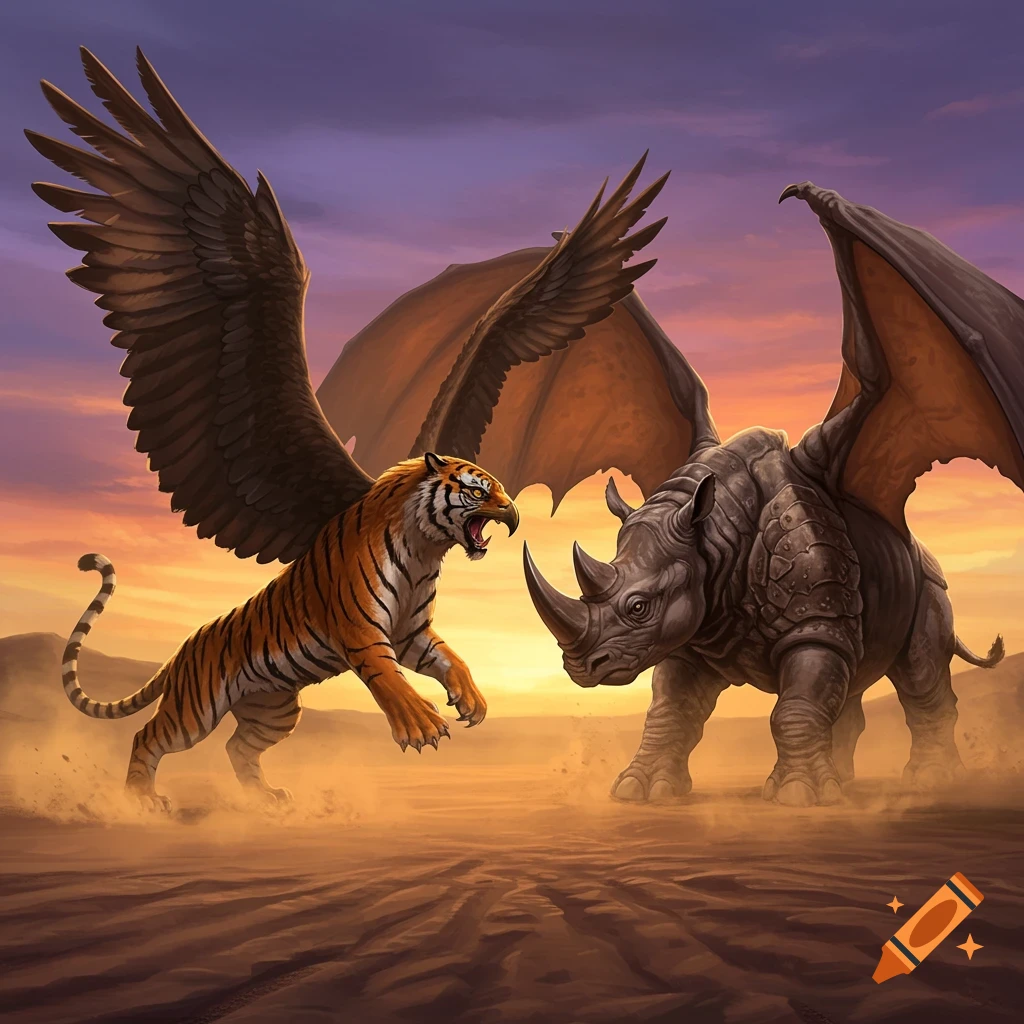 A snarling tiger-eagle hybrid faces off against a rhino-dragon hybrid in a sandy desert at sunset, digital painting style.