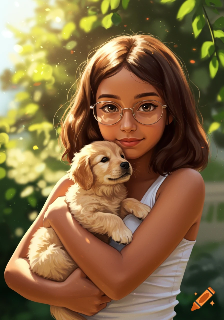 Illustrated portrait of a teenage girl in glasses holding a golden retriever puppy outdoors.
