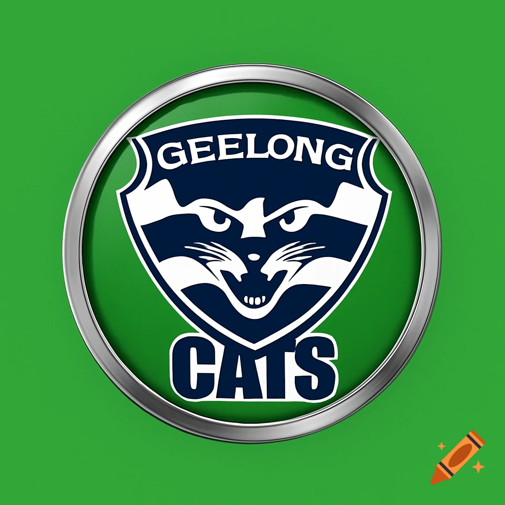 A Geelong Cats logo featuring a stylized cat face in dark blue and white, encircled by a silver ring on a bright green background.