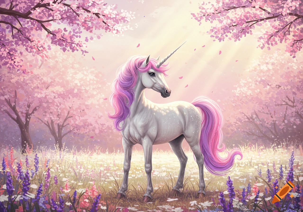 White unicorn with pink and purple mane and tail in a field of purple and white flowers under cherry blossom trees with sun rays.