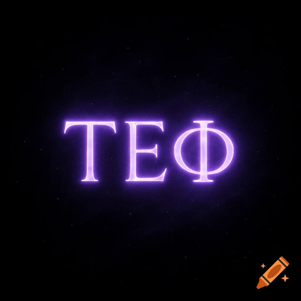 Purple neon glow text 'TE P Phi' against a dark, starry night sky.