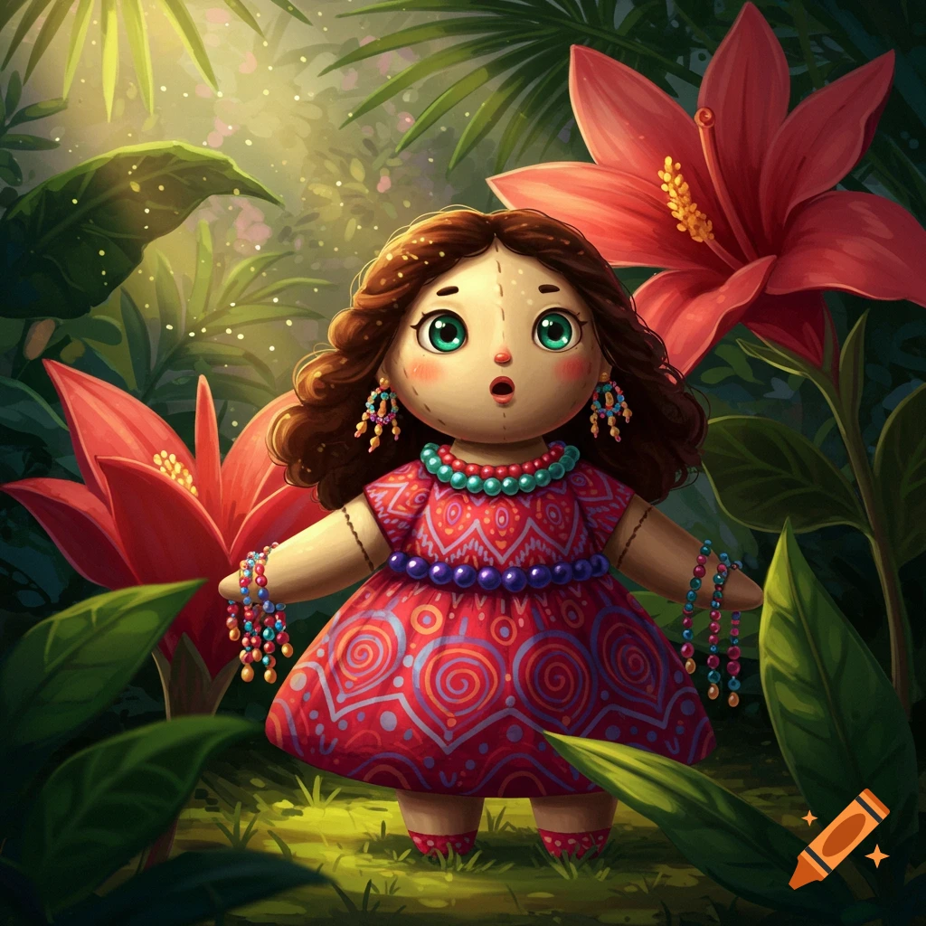 A cute rag doll with green eyes and brown curly hair, wearing a colorful patterned dress, stands in a lush jungle with large red flowers.