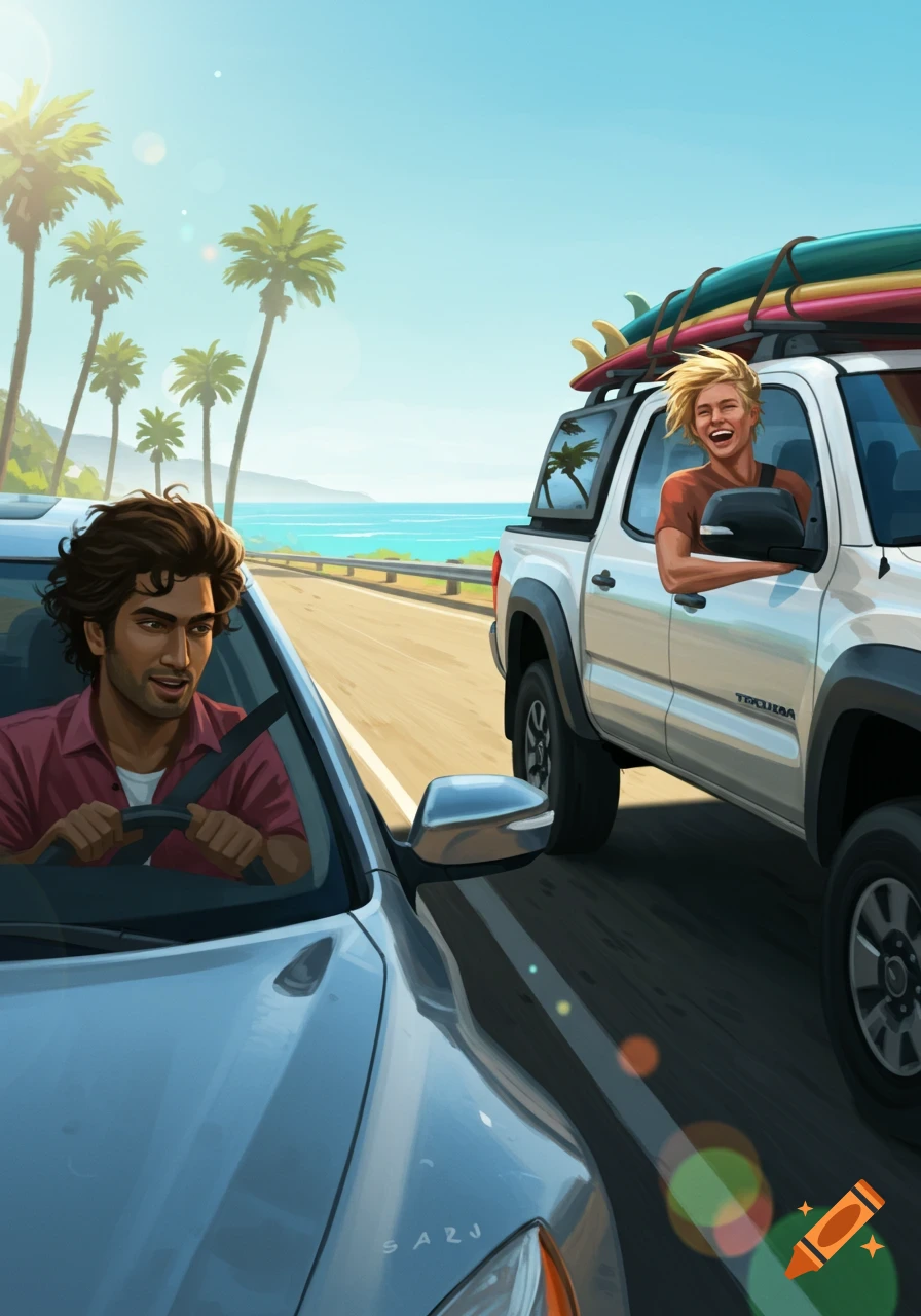 An illustration of an Indian man driving a silver car alongside a blonde surfer in a white truck with surfboards on a sunny coastal road.