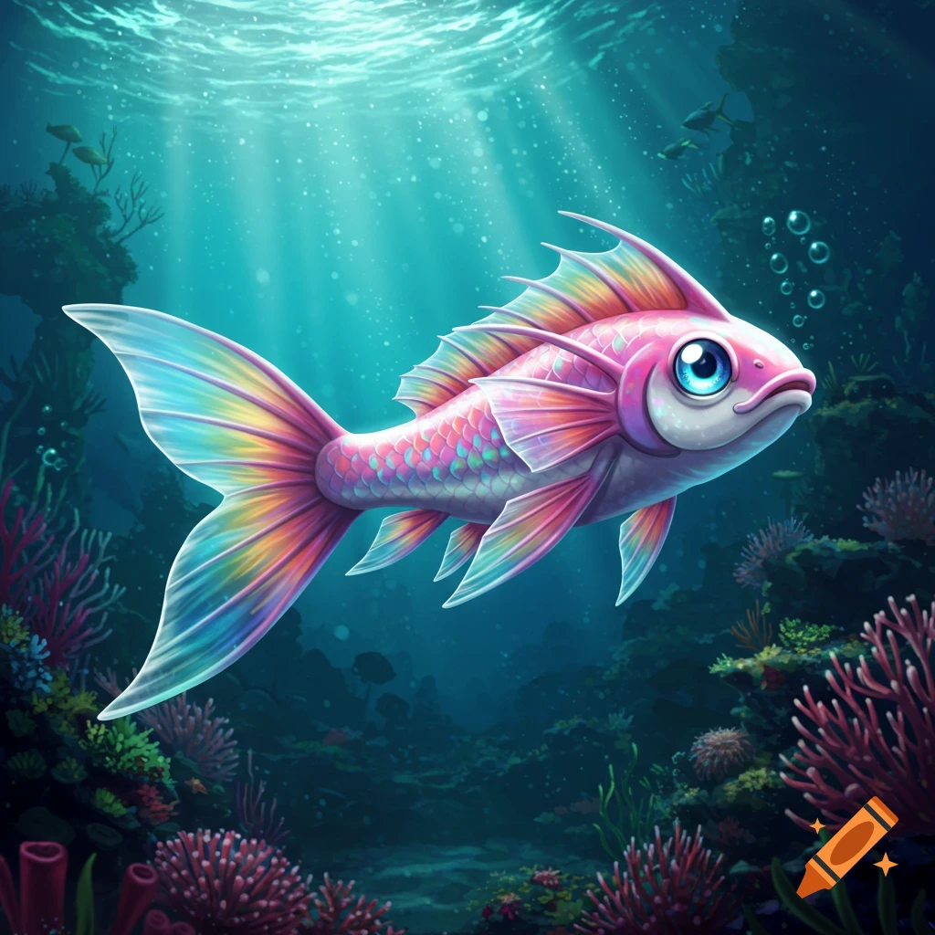 A vibrant, cartoon-style pink and rainbow-colored fish with large blue eyes swims in a detailed underwater coral reef.