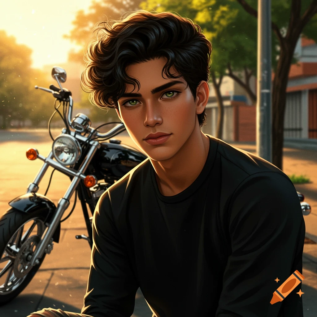 Illustrated young man with dark hair and green eyes, wearing a black shirt, posing outdoors with a motorcycle behind him.
