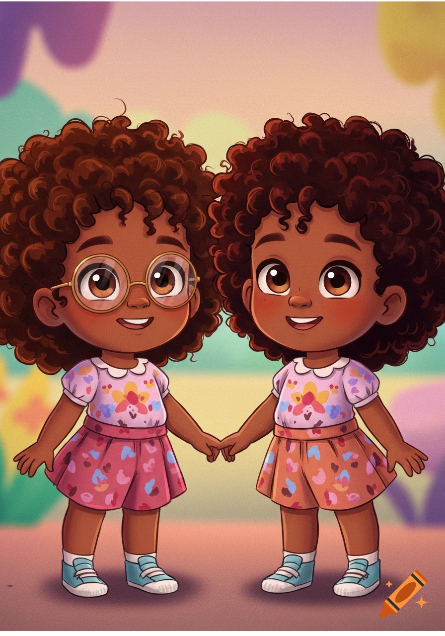 Two cartoon Black twin toddler girls holding hands, one with glasses, both with curly hair, wearing patterned dresses.