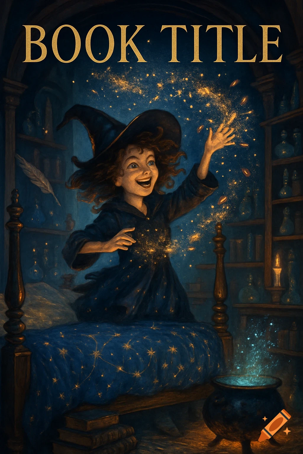 A joyful young witch in a dark room casts a spell with golden sparks, sitting on a bed. The image is a book cover with 'BOOK TITLE' at the top.
