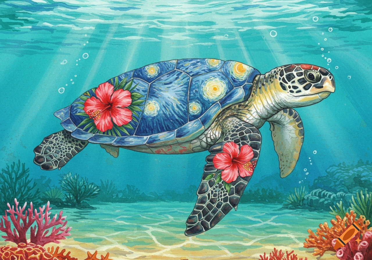 A watercolor illustration of a sea turtle with a Starry Night-patterned shell and red hibiscus flowers, swimming underwater among coral.