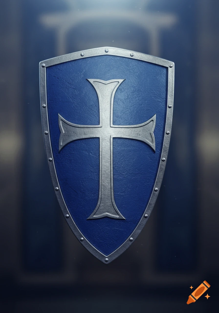 A blue shield with a silver cross in the center, set against a blurry, dark background.