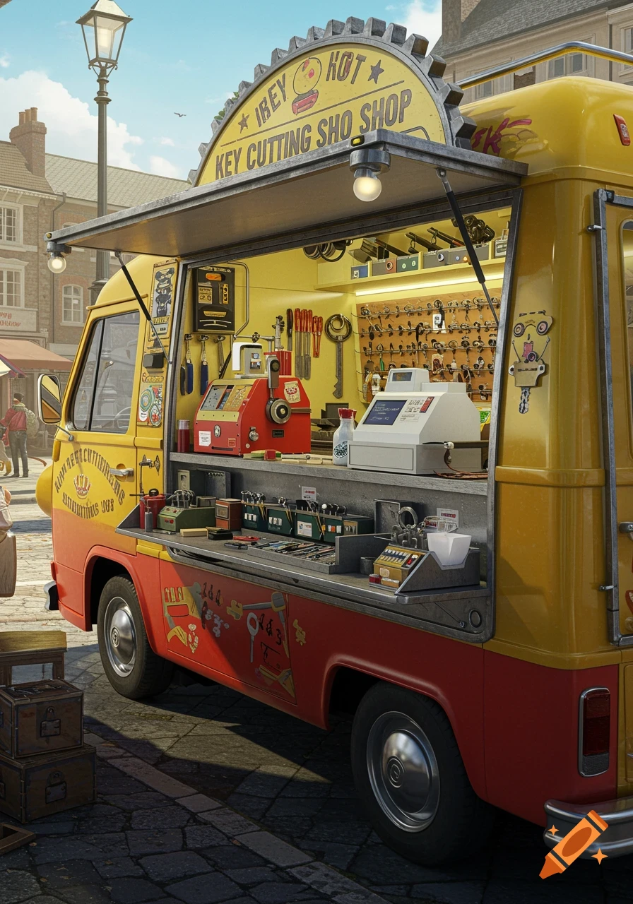 A yellow and red mobile key cutting shop van with a serving hatch parked on a cobblestone street in a town.