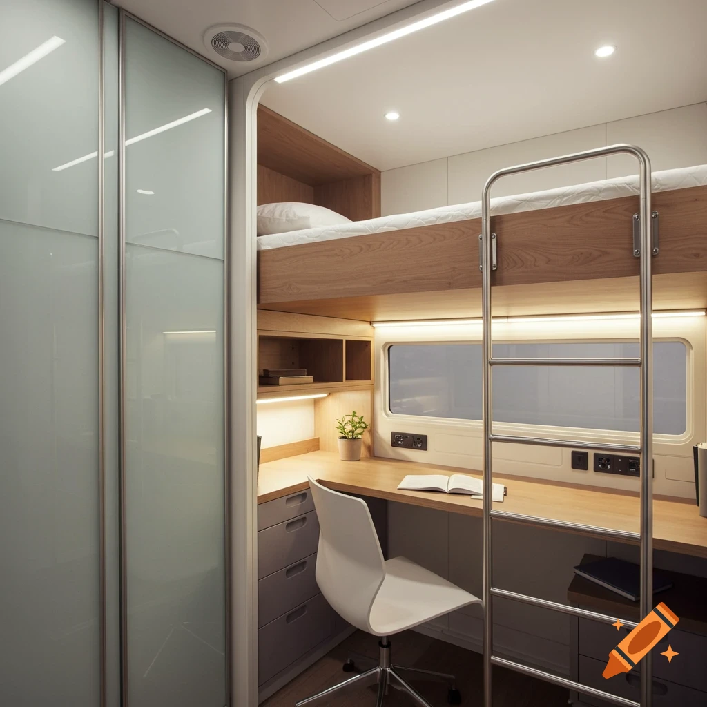 A modern, compact sleeping pod with a wooden top bunk bed and a desk underneath, a white office chair, and frosted glass wardrobe doors.
