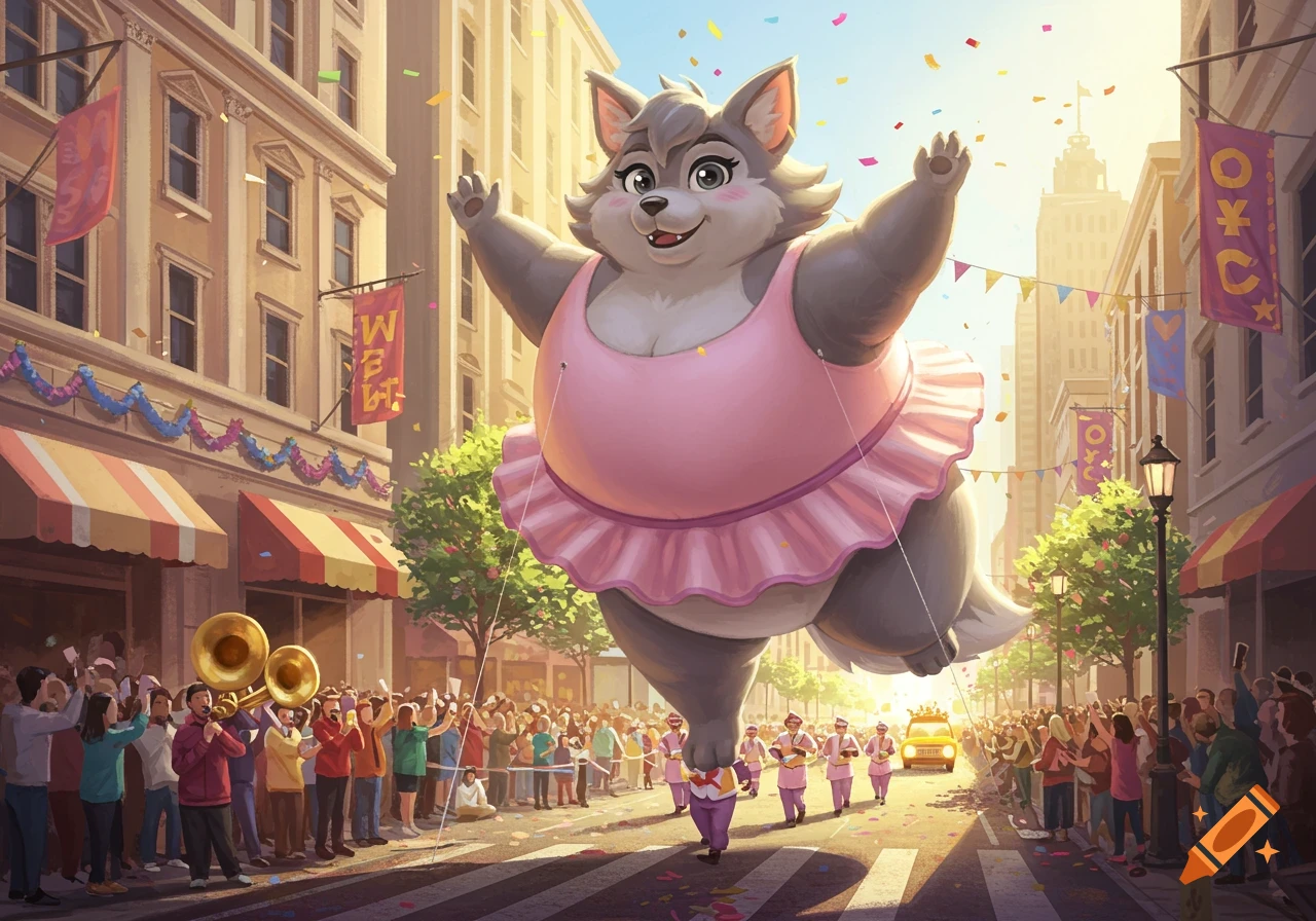 A large, chubby grey wolf character parade balloon in a pink tutu floats down a city street, with crowds cheering, a marching band, and confetti falling.
