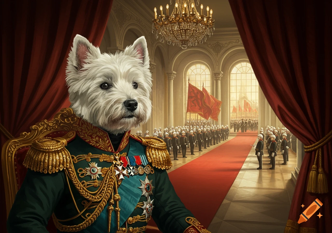 A West Highland White Terrier wearing an elaborate green military uniform and medals, seated in a grand hall with soldiers.