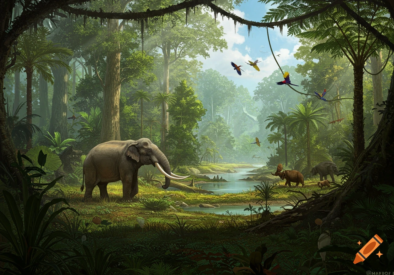 Large elephants and prehistoric animals in a lush, detailed jungle landscape with a winding river.