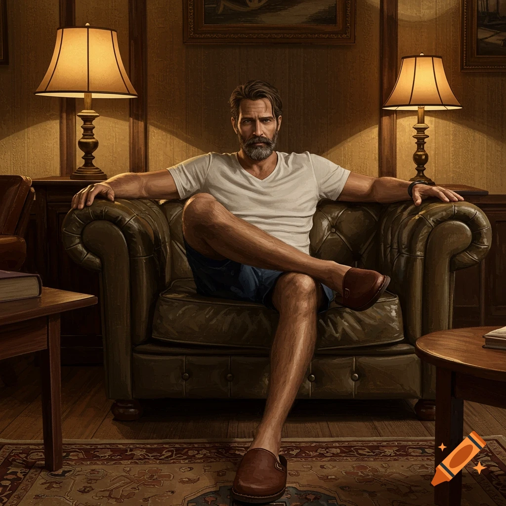 Photorealistic portrait of a bearded man sitting relaxed in a leather armchair in a classic, dimly lit room.