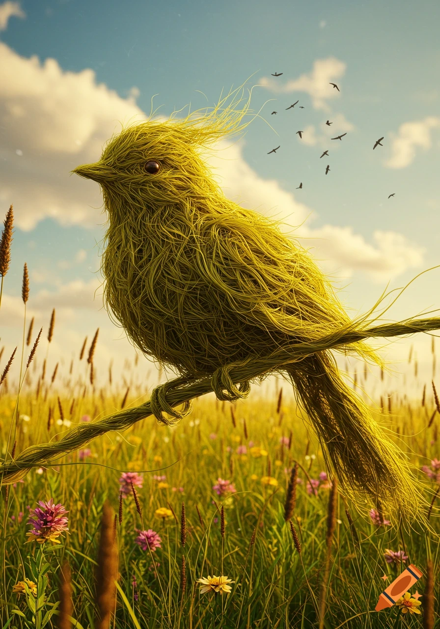 A bird intricately woven from green grass sits on a branch in a sunlit field of wildflowers under a bright sky with flying birds.