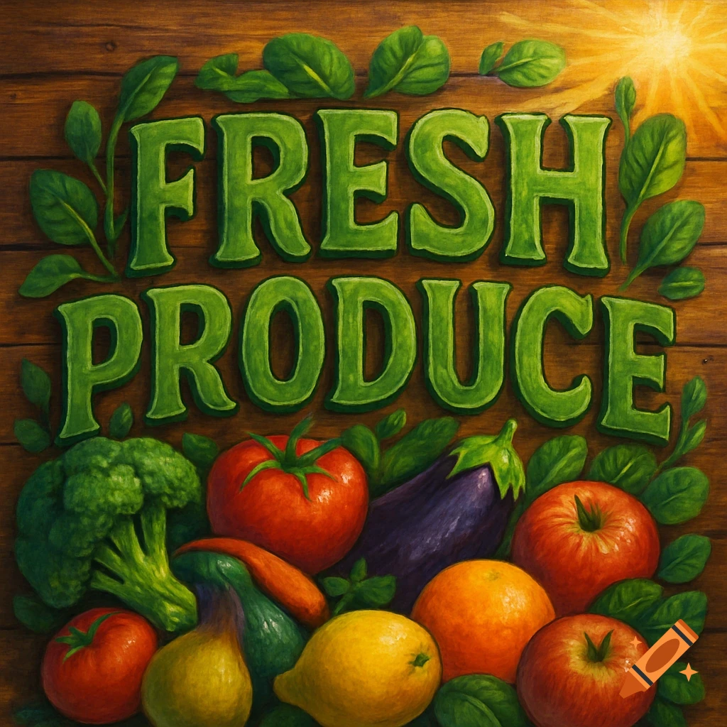A vibrant illustration of a 'FRESH PRODUCE' sign on a wooden background, surrounded by various colorful fruits and vegetables.