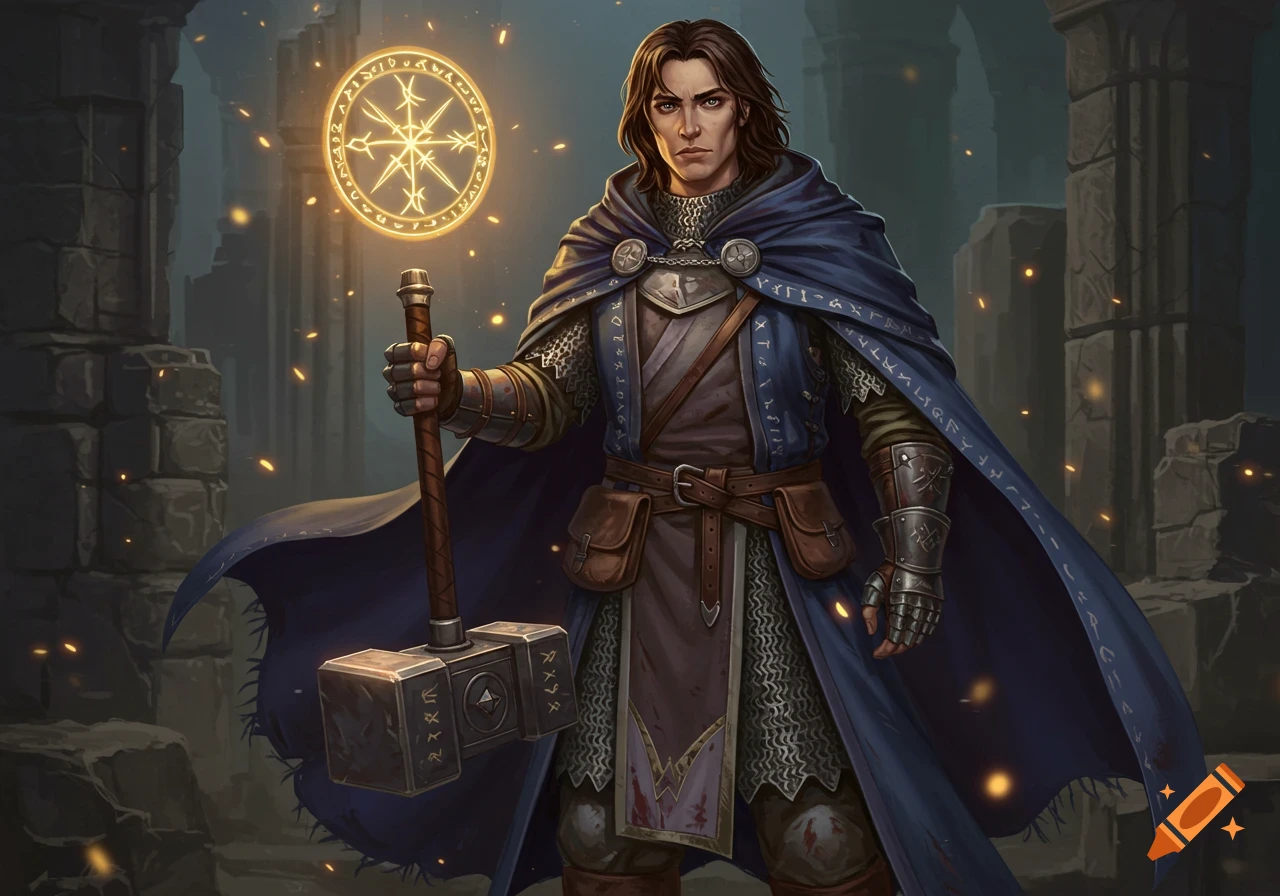 A male fantasy wizard or warrior in chainmail and a blue cloak, holding a warhammer and a glowing magical symbol, stands in ancient ruins.