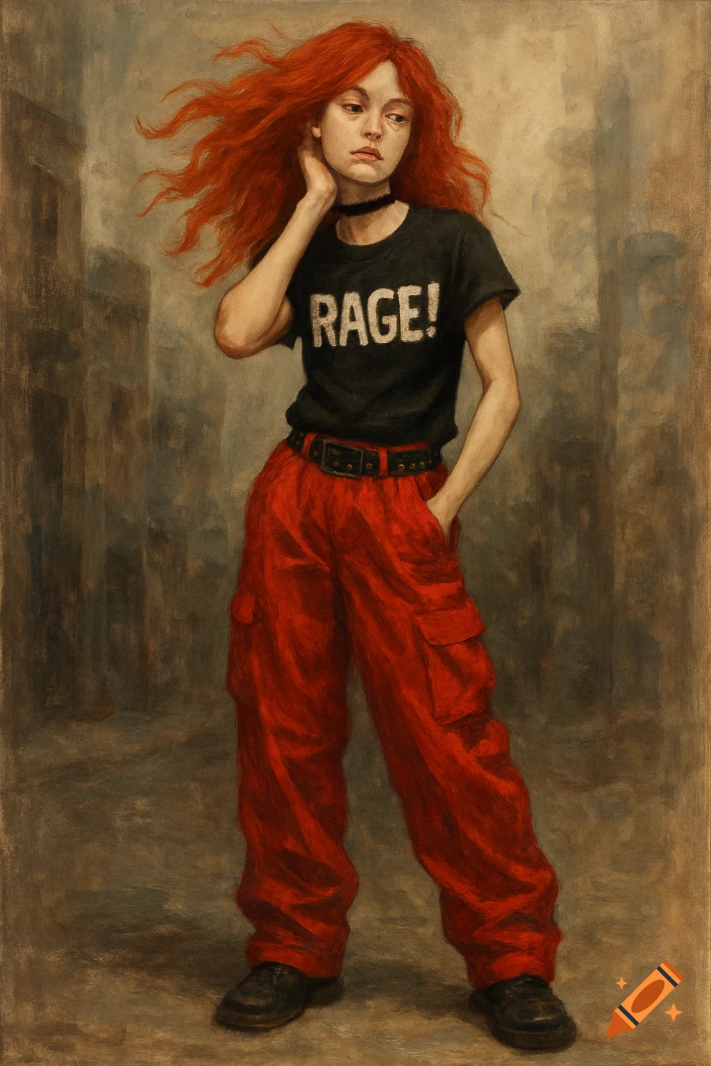 A red-haired woman wearing a black t-shirt with "RAGE!" printed on it, red parachute pants, and a choker, stands against a distressed, muted background in a painterly style.