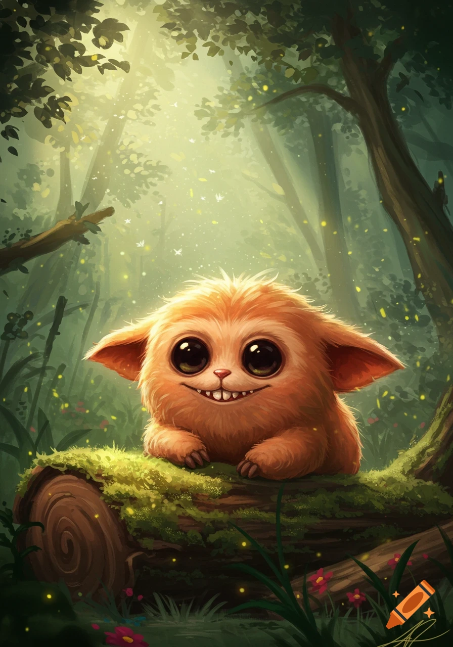 A cute, orange, fluffy creature with big eyes and a smile sits on a mossy log in a sun-dappled fantasy forest, digital art.