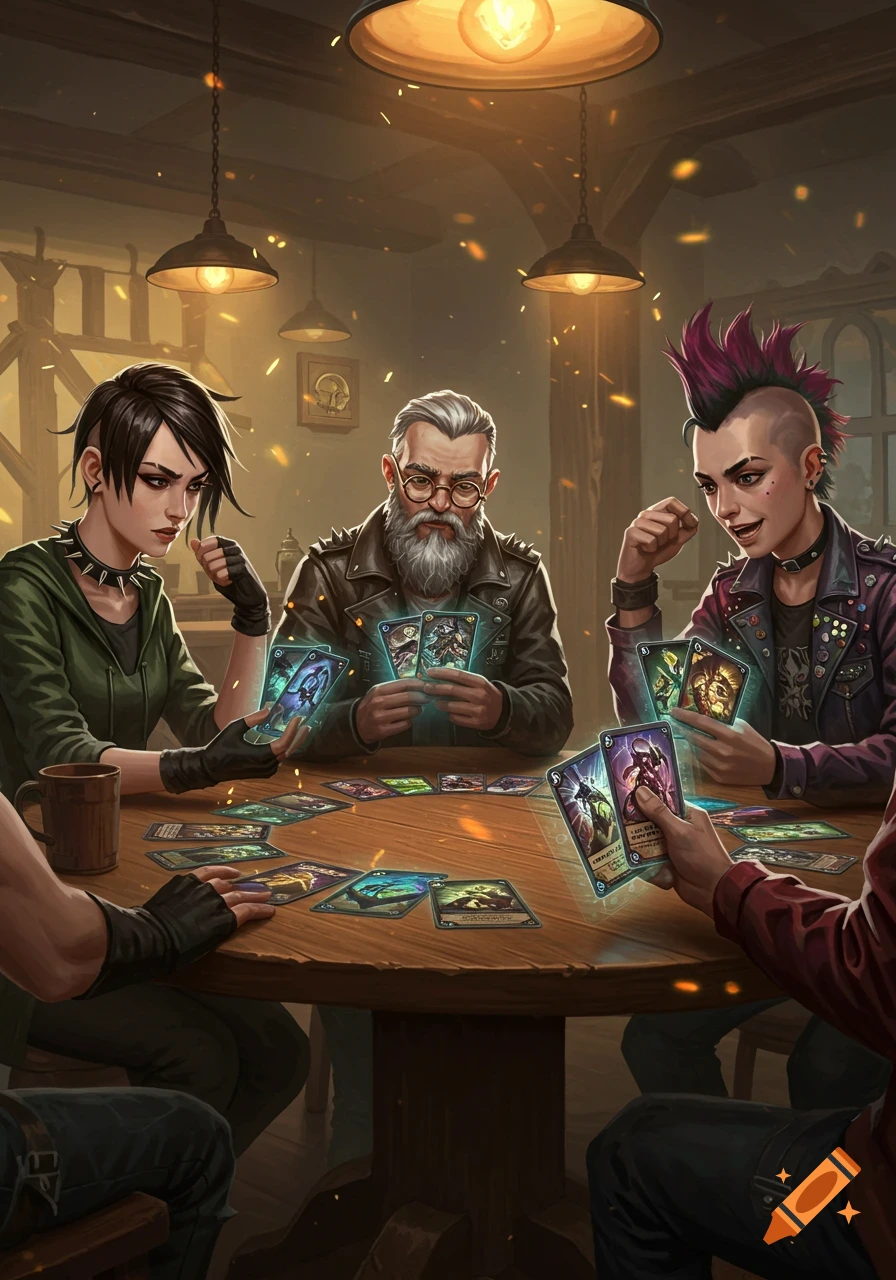 Three people and one unseen person play a fantasy trading card game at a tavern table under warm lamplight.