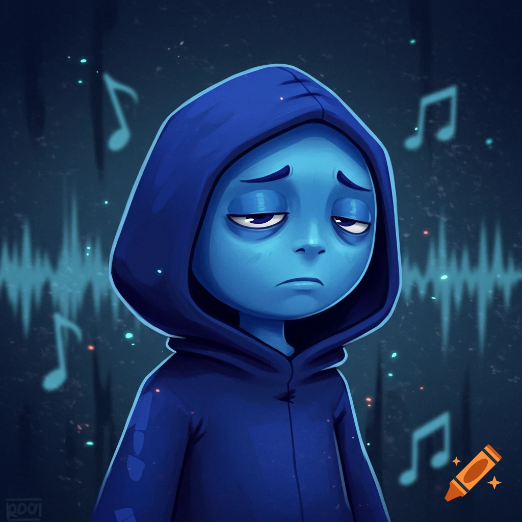 A sad, blue, cartoon character in a navy hood stands with musical notes and a sound wave pattern in the background.