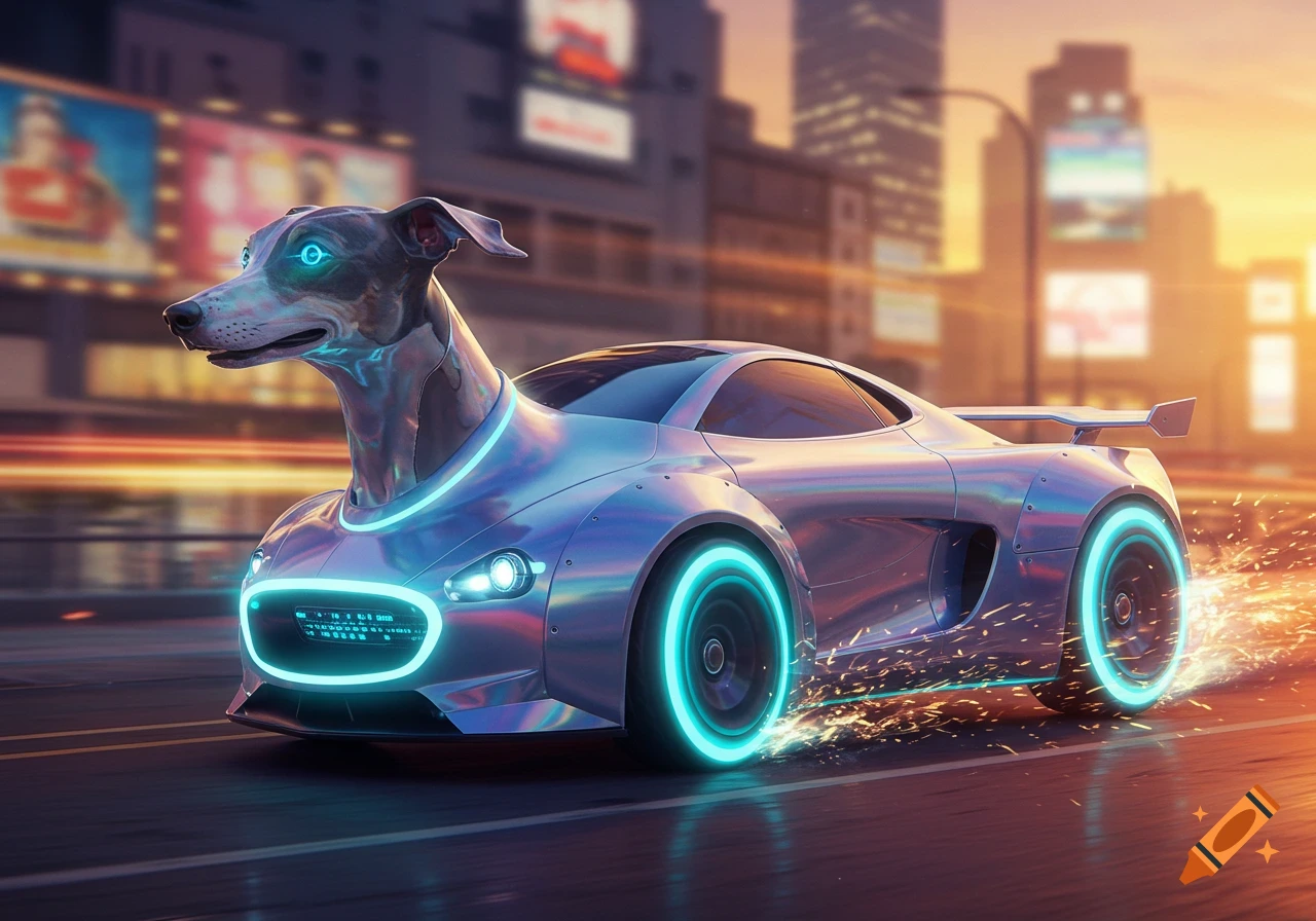 A futuristic car with a greyhound's head and glowing blue lights speeds down a city street at sunset, sparks flying.