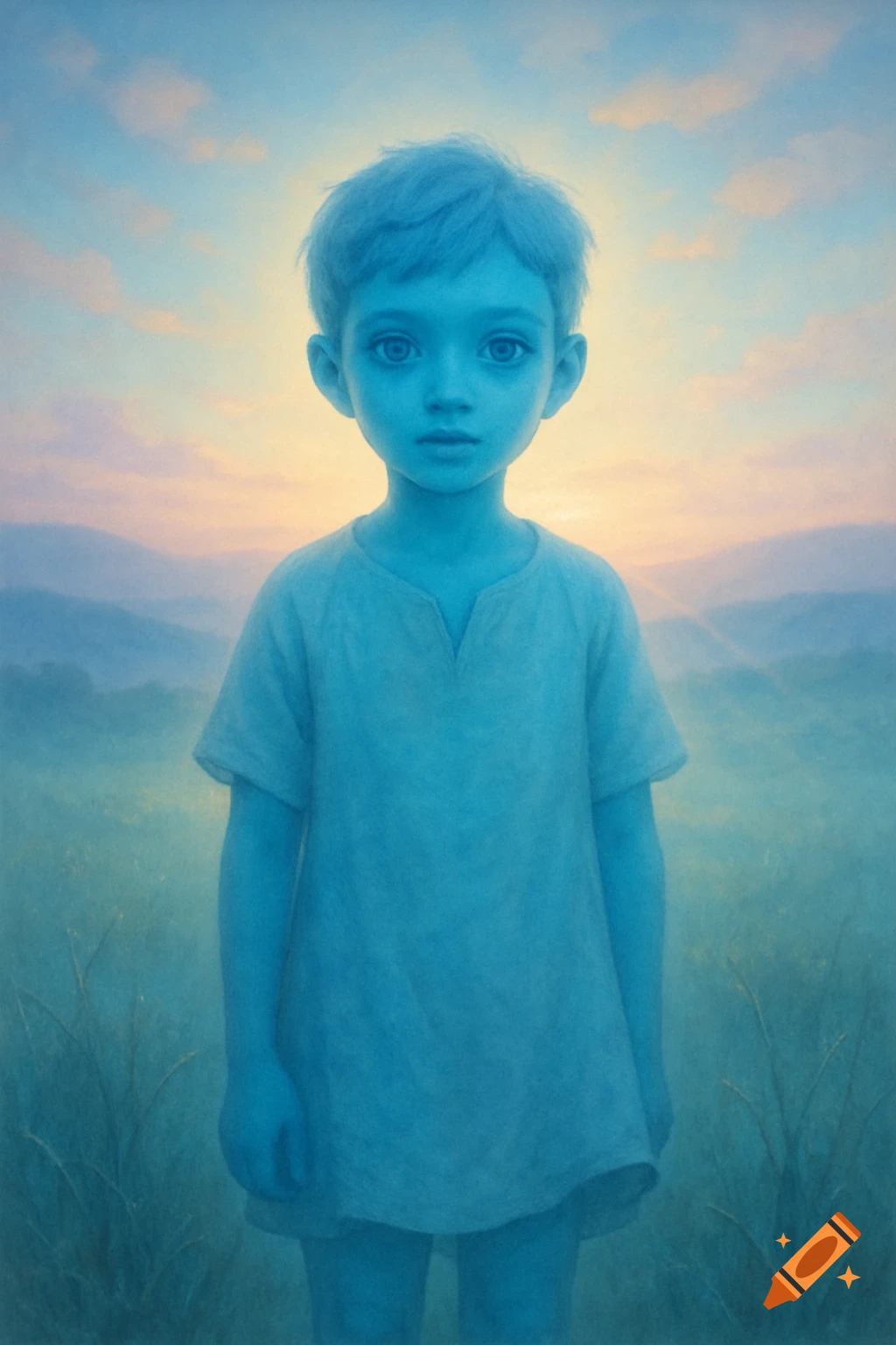 A blue-skinned boy stands in a field at sunrise, with a bright glow around his head, in a painterly style.