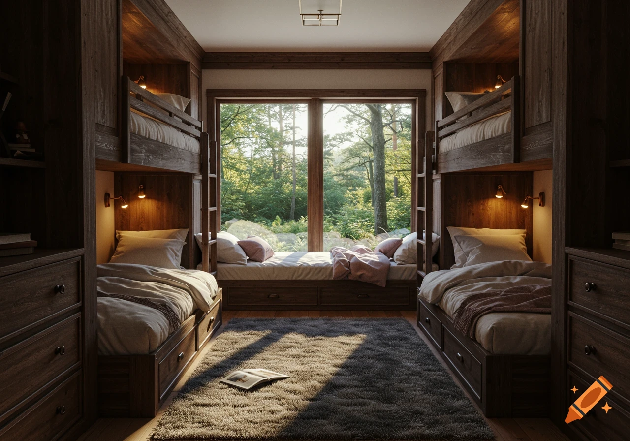A cozy, cabin-style bedroom featuring four wooden bunk beds, a window seat overlooking a lush forest, and a shaggy rug with an open book.