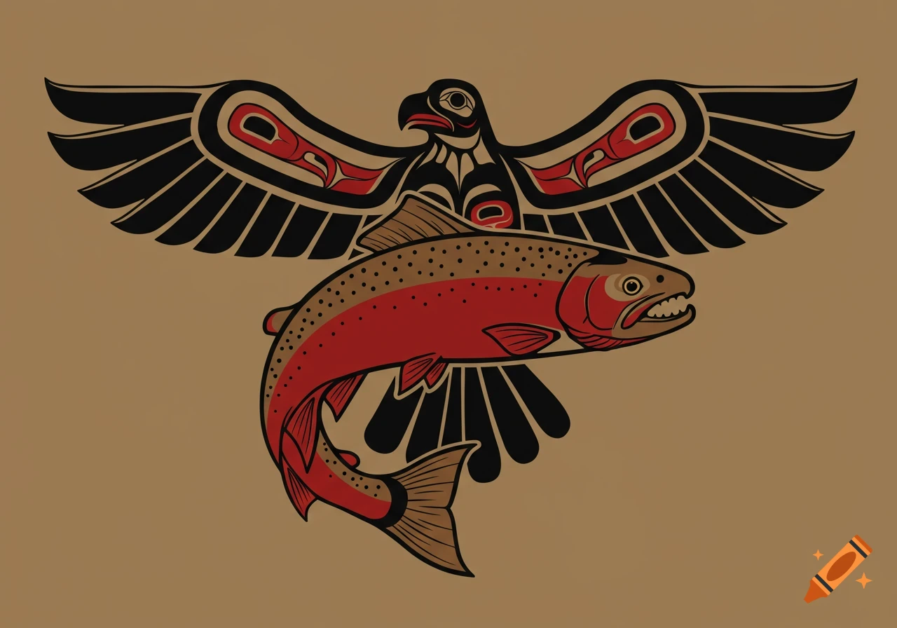 A red and black Formline Pacific Northwest tribal crest features a thunderbird with outspread wings above a steelhead fish, on a beige background.