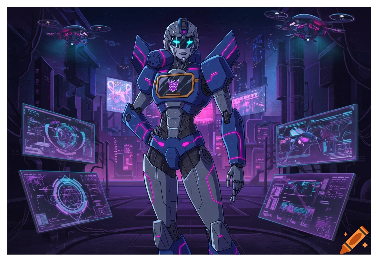 A female robot with a Decepticon symbol on her chest stands in a futuristic city with neon lights and holographic screens, in a cartoon style.