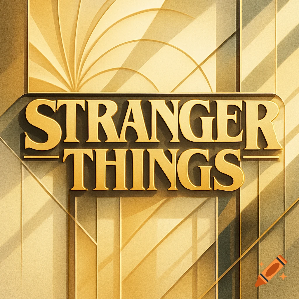 A golden, embossed "STRANGER THINGS" logo set against an Art Deco-style golden background with geometric patterns.