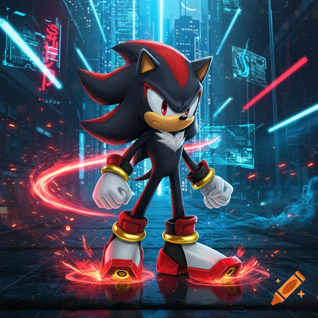 Shadow the Hedgehog stands in a neon-lit cyberpunk city, with red energy glowing around his feet.