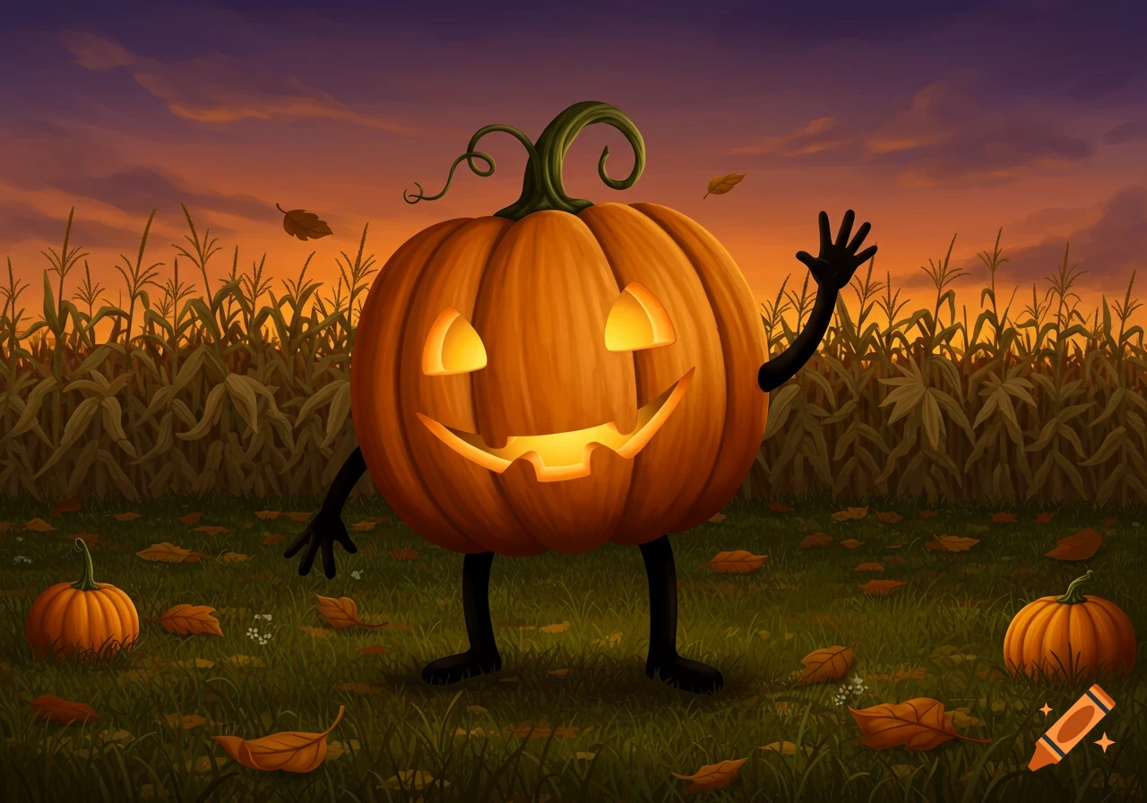 A friendly, glowing jack-o'-lantern with black arms and legs waves in a cornfield at sunset, with autumn leaves scattered around.