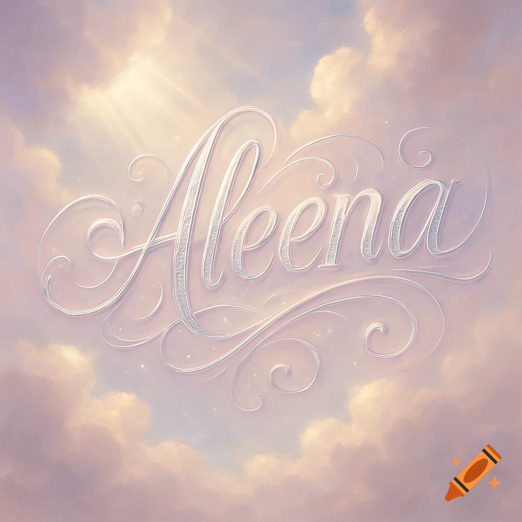 The name Aleena in elegant, light-colored script against a pastel, cloudy sky with sun rays.