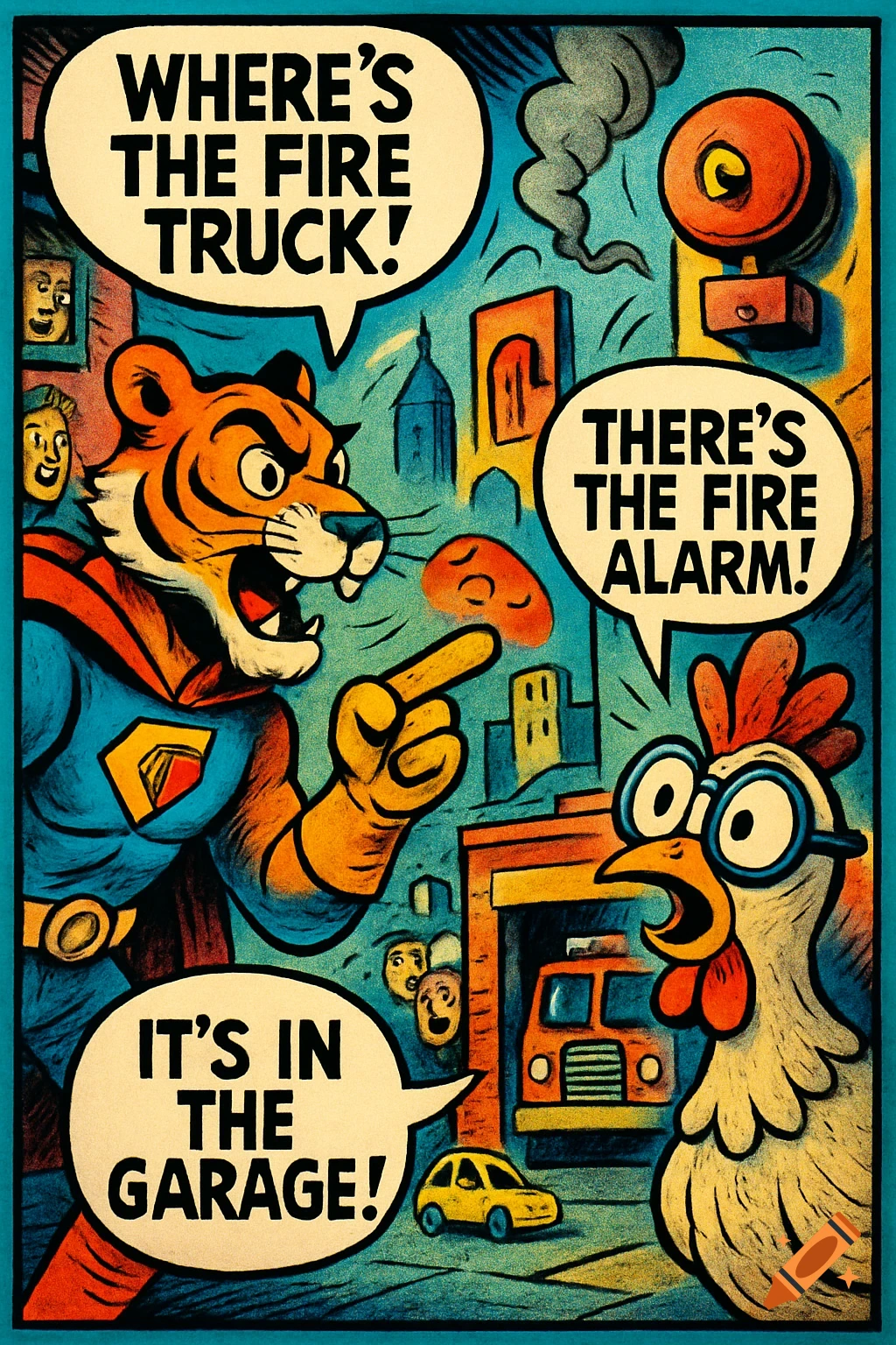 A comic book style image of a superhero tiger and a chicken. The tiger asks "WHERE'S THE FIRE TRUCK!" the chicken replies "THERE'S THE FIRE ALARM!" and the tiger adds "IT'S IN THE GARAGE!" with a fire truck visible in a garage.